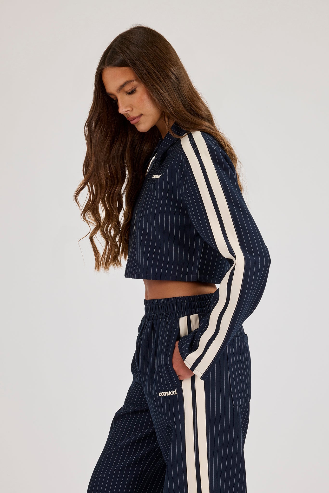 Pinstripe Taping Cropped Harrington Jacket - Navy Blue
